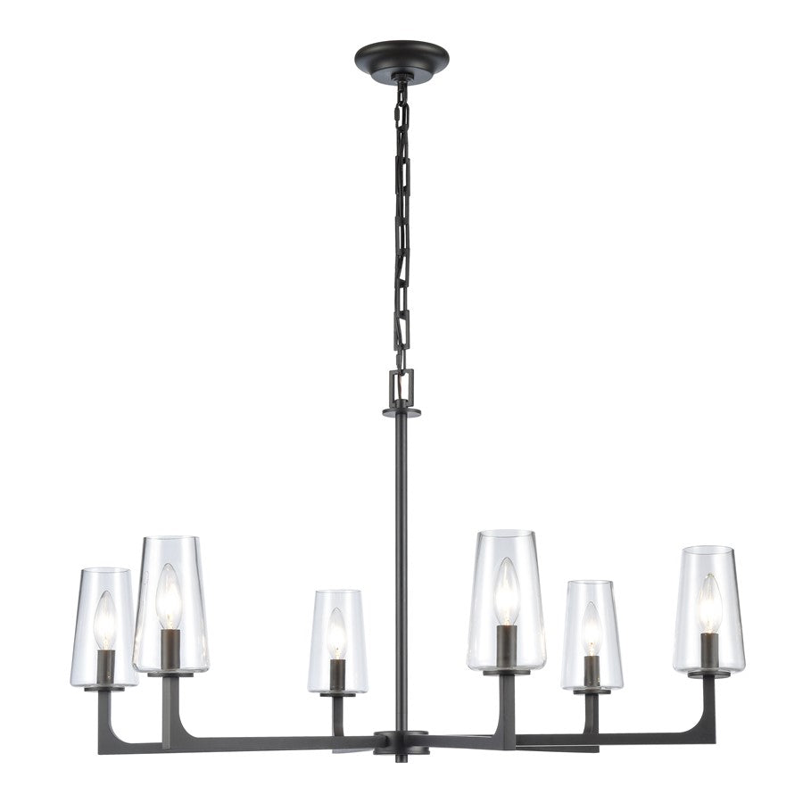 Atlas Lighting Fitzroy 34'' Wide 6Lt Chandelier, Matte Black/Clear