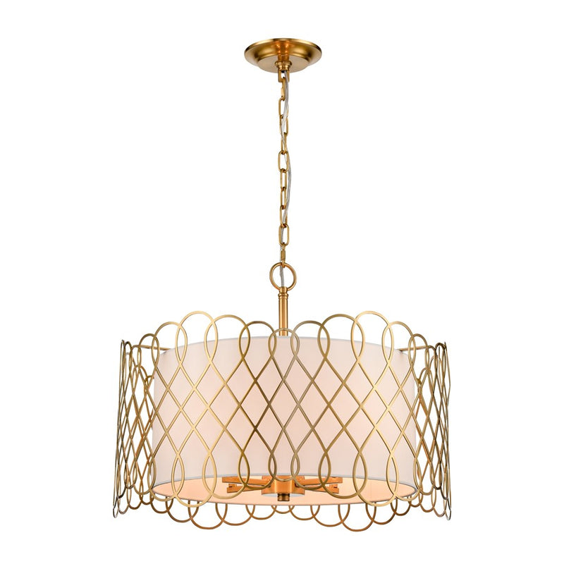 Atlas Lighting Harp Lane 21in 4-Light Chandelier | Transitional Satin Brass and White Fabric Shade | Entryway & Dining Room | Model CL11198-BS