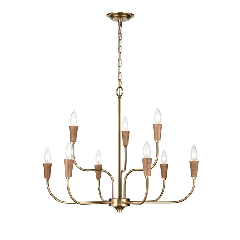 Atlas Lighting Inga 29in 9-Light Chandelier | Transitional Brass and Natural Wood | Dining Room & Living Room | 29 x 29 x 23 in | Model CL11205-BS
