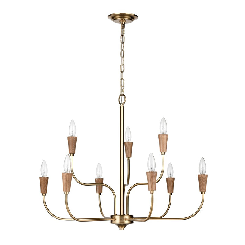 Atlas Lighting Inga 29in 9-Light Chandelier | Transitional Brass and Natural Wood | Dining Room & Living Room | 29 x 29 x 23 in | Model CL11205-BS