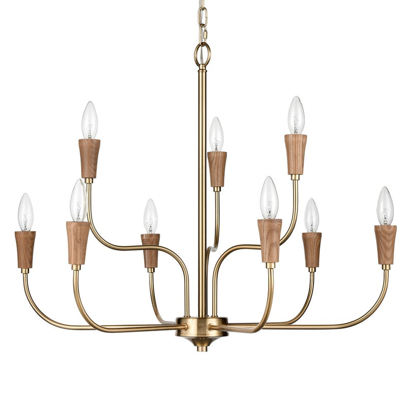 Atlas Lighting Inga 29in 9-Light Chandelier | Transitional Brass and Natural Wood | Dining Room & Living Room | 29 x 29 x 23 in | Model CL11205-BS