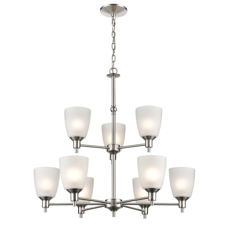Atlas Lighting Jackson 29in 9-Light Chandelier | Transitional Brushed Nickel and White Frosted Glass | Dining Room & Living Room | Model CL11208-NK