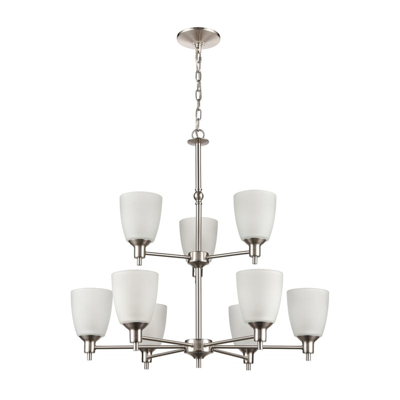 Atlas Lighting Jackson 29in 9-Light Chandelier | Transitional Brushed Nickel and White Frosted Glass | Dining Room & Living Room | Model CL11208-NK