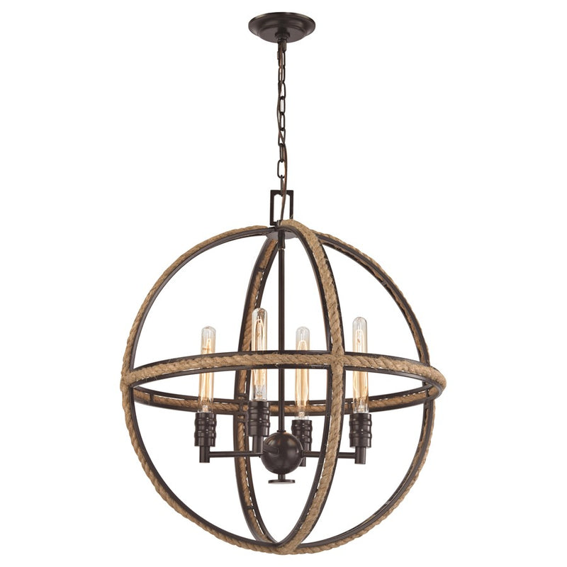 Atlas Lighting Natural Rope 24in 4-Light Chandelier | Transitional Oil Rubbed Bronze and Natural Rope | Dining Room & Living Room | Model CL11266-BZ