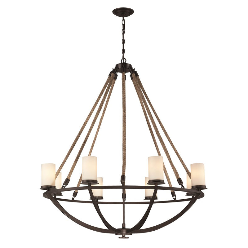 Atlas Lighting Natural Rope 41in 8-Light Chandelier | Transitional Aged Bronze and White Frosted Glass | Dining Room & Living Room | Model CL11267-BZ