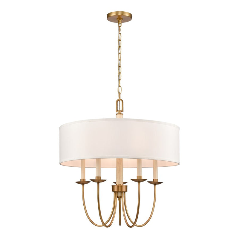 Atlas Lighting Neville 23in 5-Light Chandelier | Transitional Natural Brass and White Fabric Drum Shade | Dining Room & Living | Model CL11268-BS