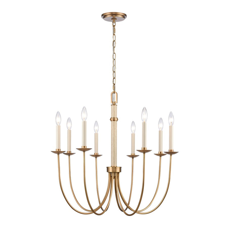 Atlas Lighting Neville 28in 8-Light Chandelier | Transitional Natural Brass and Bleached White Wood | Dining Room & Living Room | Model CL11269-BS