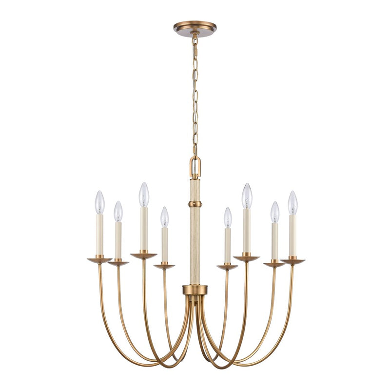 Atlas Lighting Neville 28in 8-Light Chandelier | Transitional Natural Brass and Bleached White Wood | Dining Room & Living Room | Model CL11269-BS