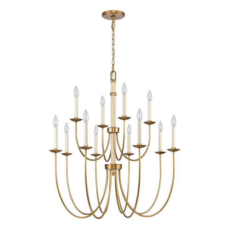 Atlas Lighting Neville 34in 12-Light Chandelier | Transitional Natural Brass and Bleached White Wood | Dining Room & Living Room | Model CL11270-BS