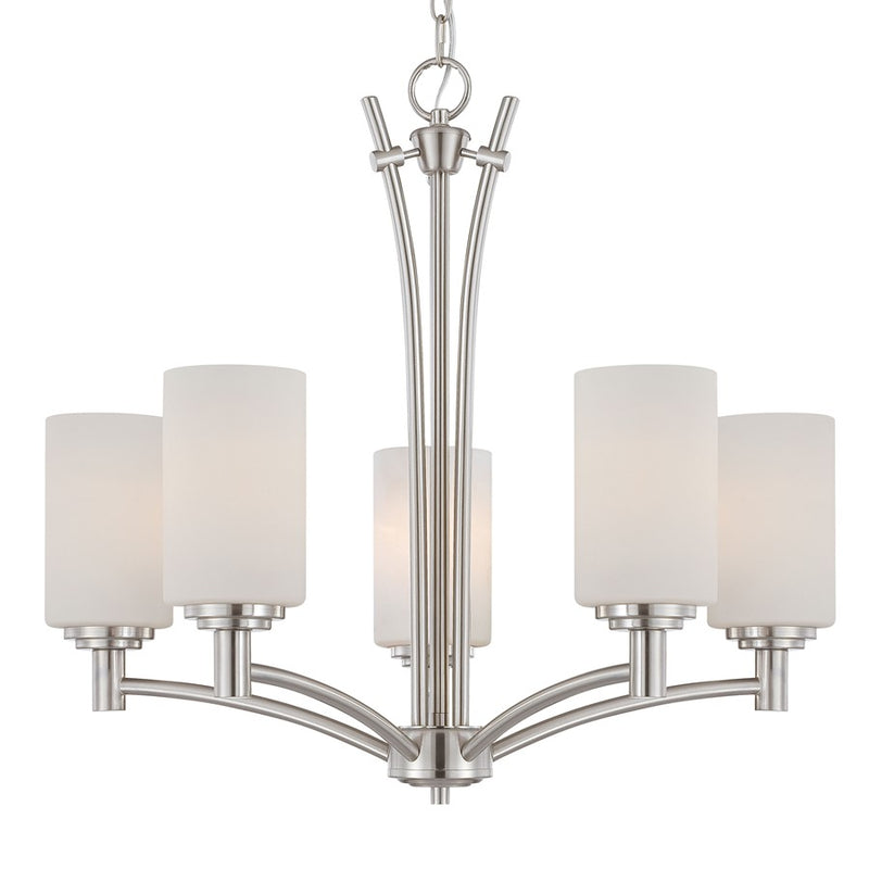 Atlas Lighting Pittman 24in 5-Light Chandelier | Transitional Brushed Nickel and White Frosted Glass | Kitchen Island & Dining | Model CL11298-NK