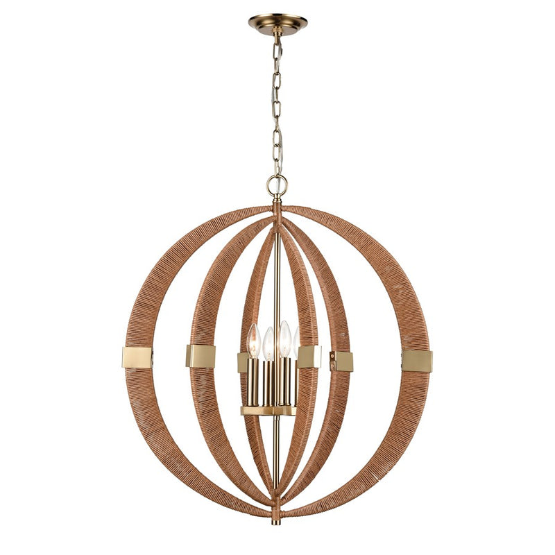 Atlas Lighting Pyrus 27in 4-Light Chandelier | Transitional Light Brown Rattan and Antique Brass | Living Room & Dining Room | Model CL11302-BN