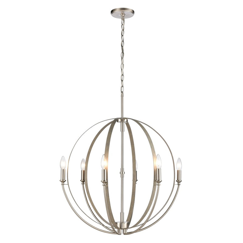 Atlas Lighting Rotunde 26in 6-Light Chandelier | Modern Beechwood and Satin Nickel | Dining Room & Living Room | 26 x 26 x 33 in | Model CL11318-BN