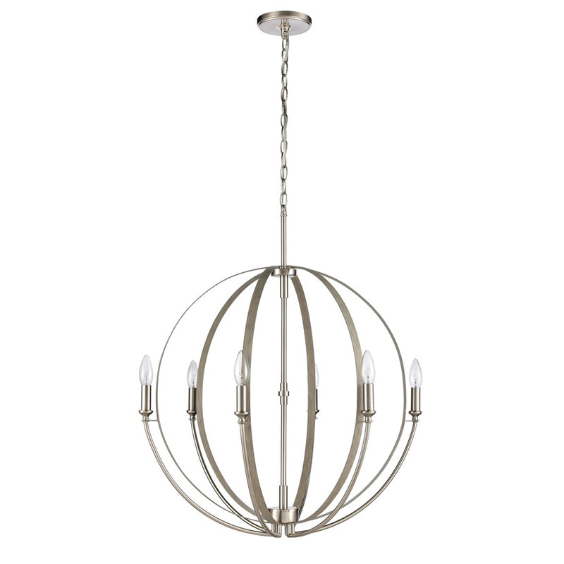Atlas Lighting Rotunde 26in 6-Light Chandelier | Modern Beechwood and Satin Nickel | Dining Room & Living Room | 26 x 26 x 33 in | Model CL11318-BN
