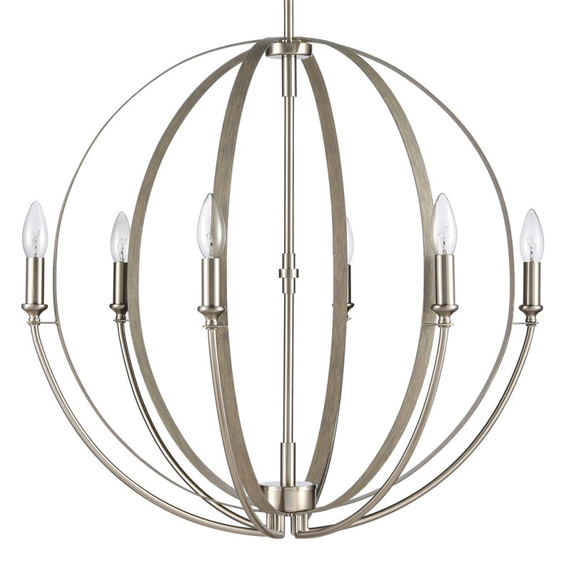 Atlas Lighting Rotunde 26in 6-Light Chandelier | Modern Beechwood and Satin Nickel | Dining Room & Living Room | 26 x 26 x 33 in | Model CL11318-BN