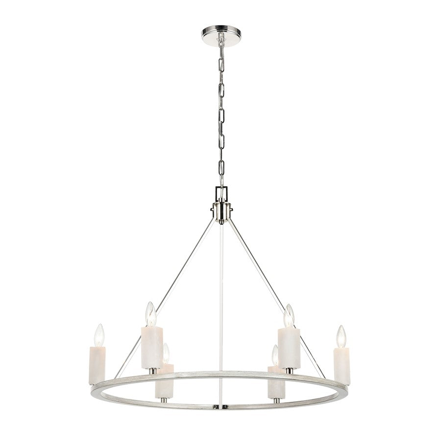 Atlas Lighting White Stone 30''W 6Lt Chandelier, Polished Nickel