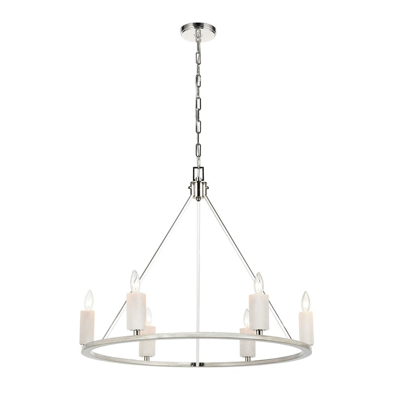 Atlas Lighting White Stone 30in 6-Light Chandelier | Modern Polished Nickel and Sunbleached Oak | Dining Room & Living Room | Model CL11393-NK