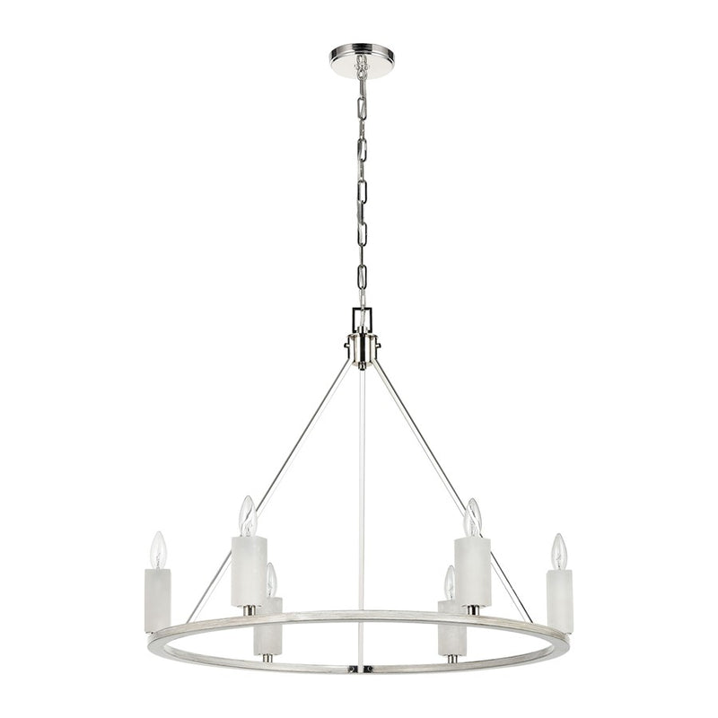Atlas Lighting White Stone 30in 6-Light Chandelier | Modern Polished Nickel and Sunbleached Oak | Dining Room & Living Room | Model CL11393-NK