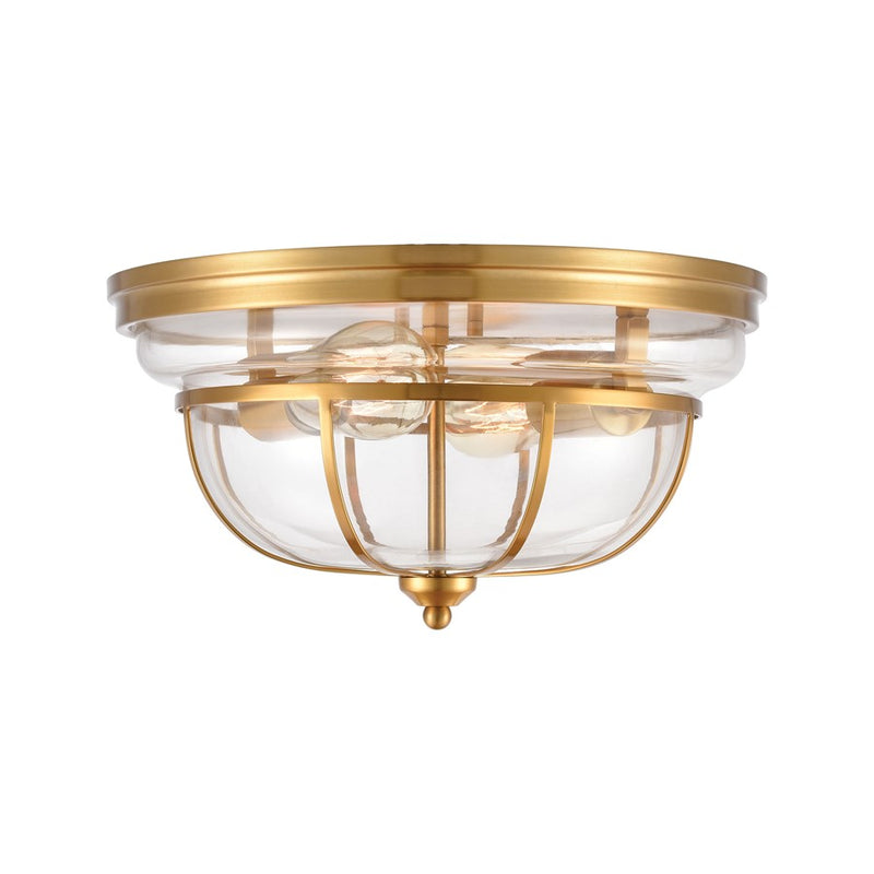 Atlas Lighting Manhattan Boutique 13in 2-Light Flush Mount | Transitional Brushed Brass and Clear Glass | Kitchen & Hallway | Model CL11477-BS