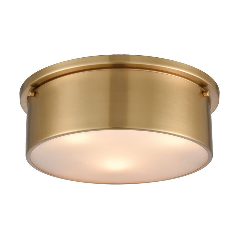 Atlas Lighting Simpson 14in 3-Light Flush Mount | Modern Satin Brass and White Frosted Glass | Bedroom & Dining Room | Model CL11499-BS