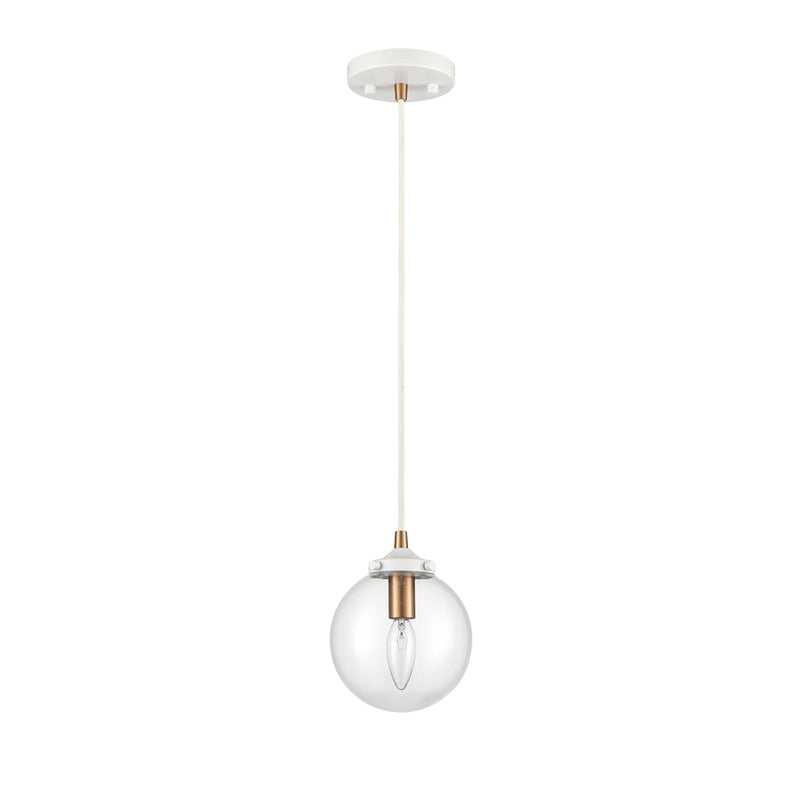Atlas Lighting Boudreaux 6in 1-Light Mini Pendant | Mid-Century Matte White and Satin Brass with Clear Glass | Kitchen Island | Model CL11543-WH