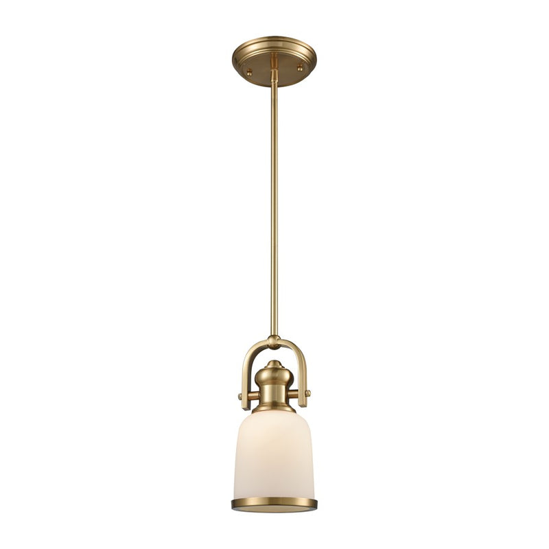 Atlas Lighting Brooksdale 5in 1-Light Mini Pendant | Transitional Satin Brass and White Glass | Kitchen Island & Dining Room | Model CL11550-BS