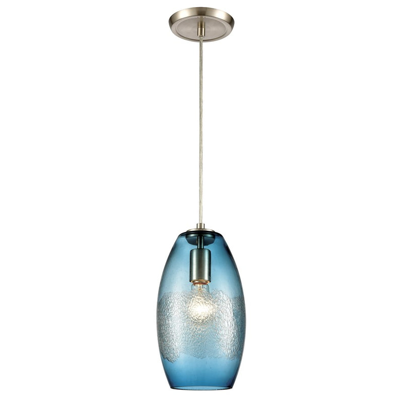 Atlas Lighting Ebbtide 6in 1-Light Mini Pendant | Modern Aqua Blue Glass and Satin Nickel | Kitchen Island & Dining Room | Model CL11576-BL