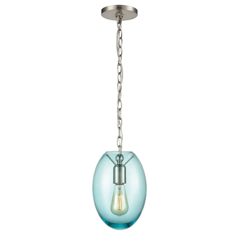 Atlas Lighting Ellipsa 7in 1-Light Mini Pendant | Satin Nickel and Blue Glass | Kitchen Island & Dining Room | 7 x 7 x 10 in | Model CL11578-BL