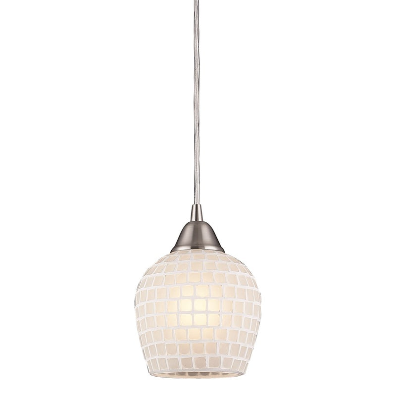 Atlas Lighting Fusion 5in 1-Light Pendant | Transitional White Mosaic Glass and Satin Nickel | Kitchen Island & Dining Room | Model CL11591-WH