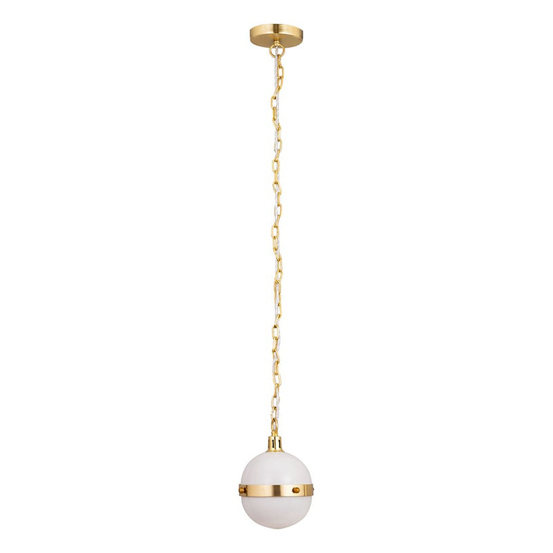 Atlas Lighting Harmelin 7in 1-Light Mini Pendant | Mid-Century White and Satin Brass with White Frosted Glass | Kitchen Island | Model CL11605-WH