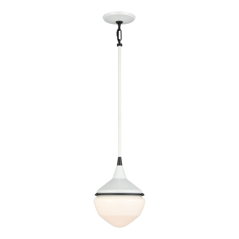Atlas Mid-Century Schoolhouse 8in 1-Light Mini Pendant | Enamel White Matte Black and White Glass | Kitchen Island & Dining Room | Model CL11635-WH