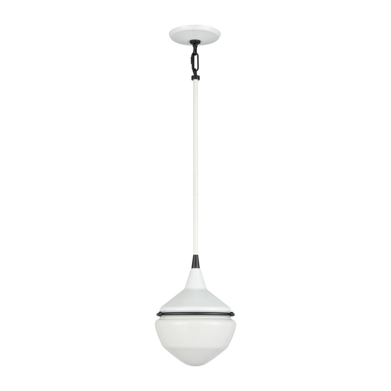 Atlas Mid-Century Schoolhouse 8in 1-Light Mini Pendant | Enamel White Matte Black and White Glass | Kitchen Island & Dining Room | Model CL11635-WH