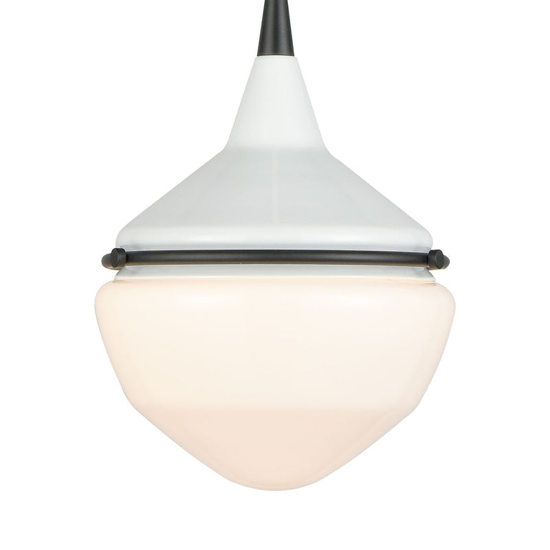 Atlas Mid-Century Schoolhouse 8in 1-Light Mini Pendant | Enamel White Matte Black and White Glass | Kitchen Island & Dining Room | Model CL11635-WH