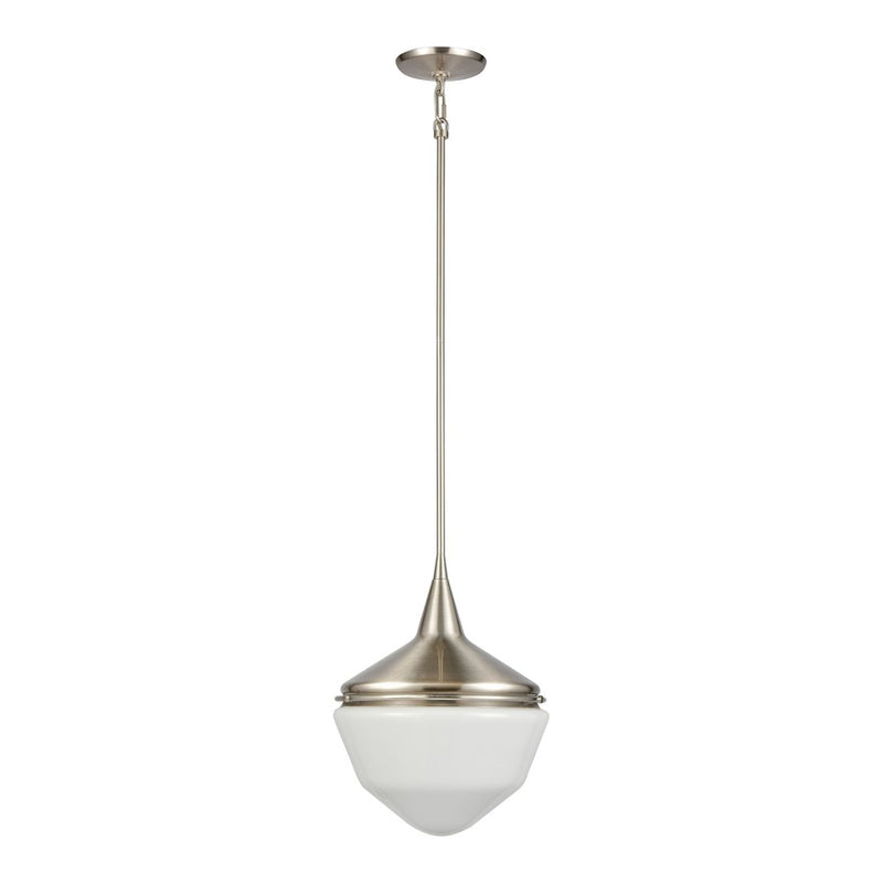 Atlas Lighting Mid-Century Schoolhouse 12in 1-Light Mini Pendant | Satin Nickel and White Frosted Glass | Kitchen Island & Dining | Model CL11636-NK