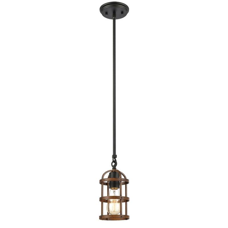 Atlas Lighting Millville 5in 1-Light Mini Pendant | Transitional Matte Black and Dark Oak Metal Cage | Kitchen Island & Dining | Model CL11638-BK