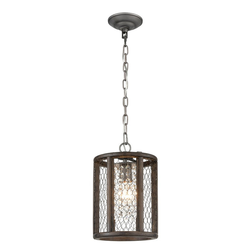 Atlas Lighting Renaissance Invention 8in 1-Light Mini Pendant | Rustic Aged Wood and Weathered Zinc with Brown Metal Shade | Model CL11668-BN