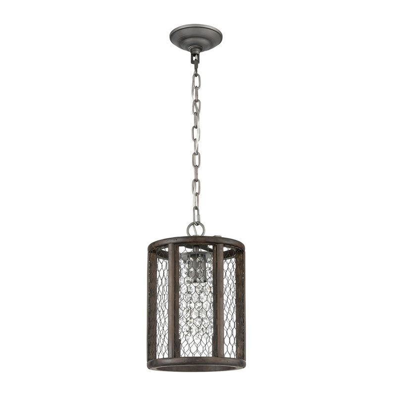 Atlas Lighting Renaissance Invention 8in 1-Light Mini Pendant | Rustic Aged Wood and Weathered Zinc with Brown Metal Shade | Model CL11668-BN