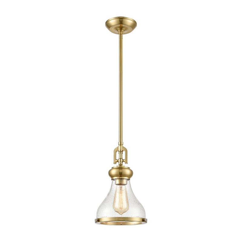 Atlas Lighting Rutherford 8in 1-Light Mini Pendant | Transitional Satin Brass and Clear Seeded Glass | Kitchen Island & Dining | Model CL11671-BS