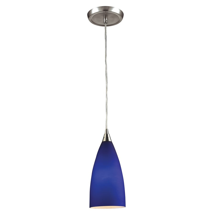 Atlas Lighting Vesta 5'' Wide 1Lt Pendant, Satin Nickel/Blue Glass