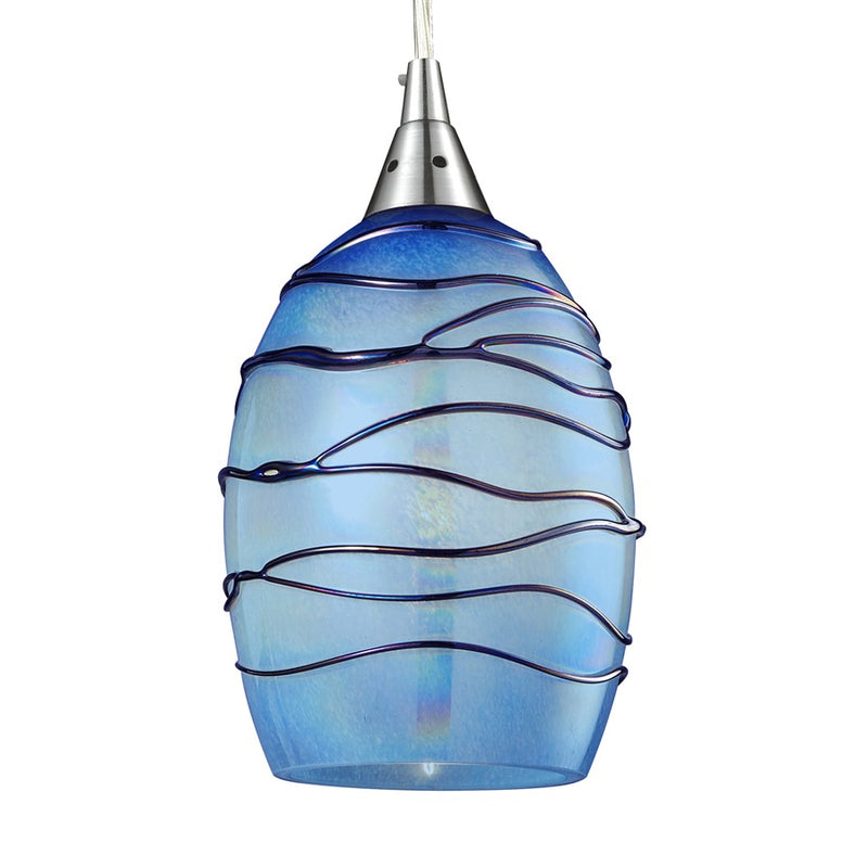 Atlas Lighting Vines 5'' Wide 1Lt Pendant, Satin Nickel/Blue Glass