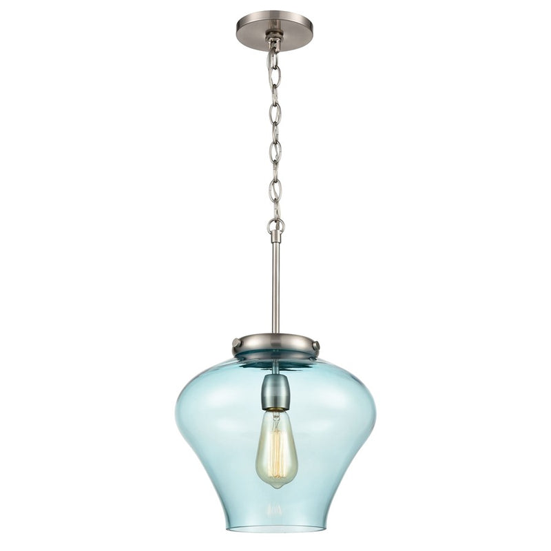 Atlas Lighting Amore 12in 1-Light Pendant | Modern Satin Nickel and Blue Glass | Kitchen Island & Dining Room | 12 x 12 x 13 in | Model CL11727-NK
