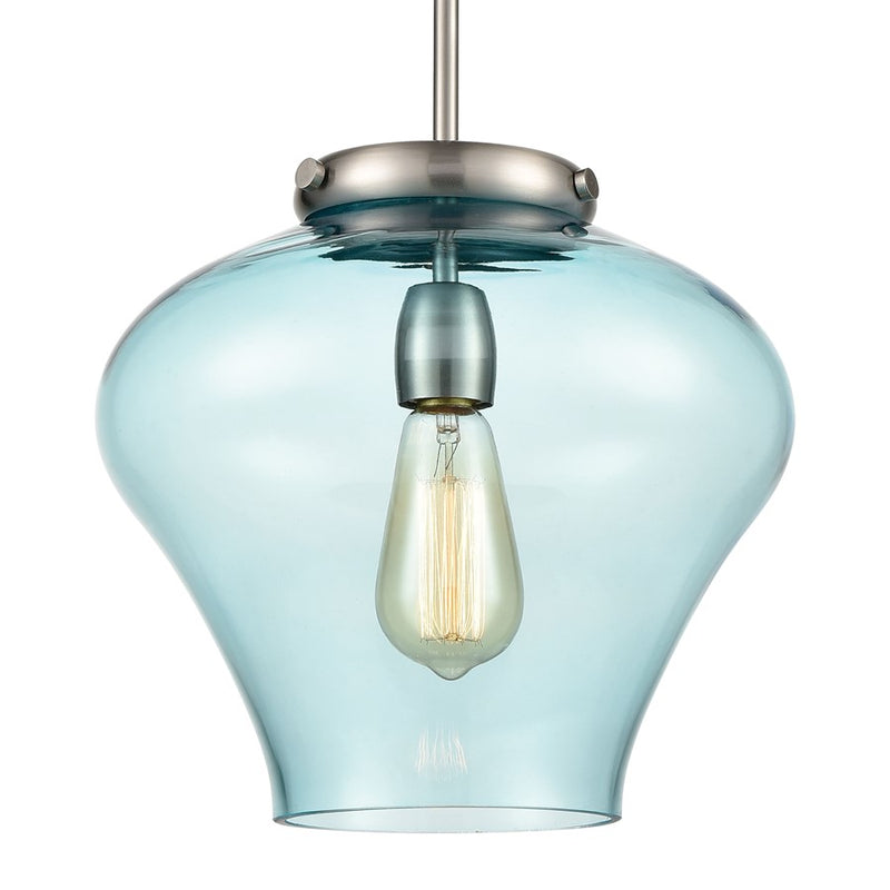 Atlas Lighting Amore 12in 1-Light Pendant | Modern Satin Nickel and Blue Glass | Kitchen Island & Dining Room | 12 x 12 x 13 in | Model CL11727-NK