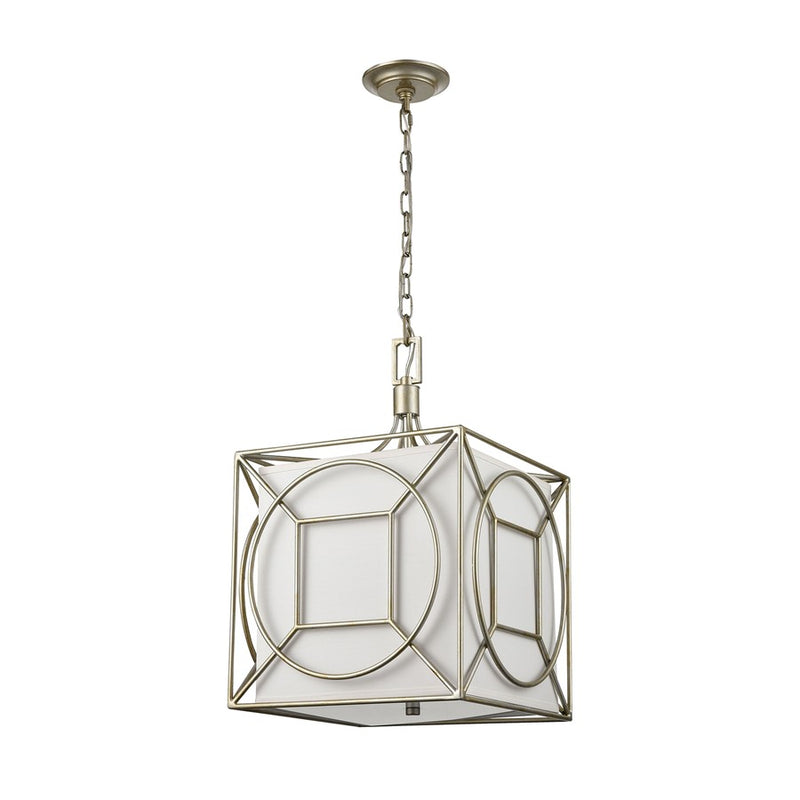 Atlas Lighting Shaftsbury Square 14in 3-Light Pendant | Transitional Antique Silver Metal and White Fabric | Living Room & Bedroom | Model CL11824-SV