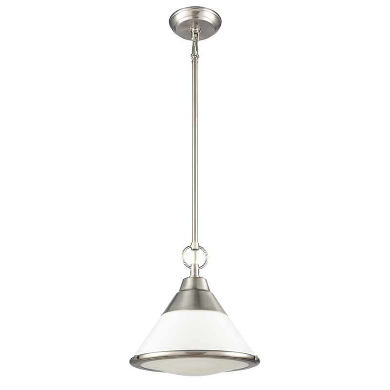 Atlas Lighting Sven 12in 1-Light Pendant | Transitional Satin Nickel and White Glass | Kitchen Island & Dining Room | Model CL11832-NK