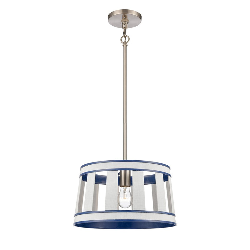 Atlas Lighting White Burlap 14in 1-Light Pendant | Coastal White and Ocean Blue Burlap Shade | Kitchen Island & Dining Room | Model CL11846-WH