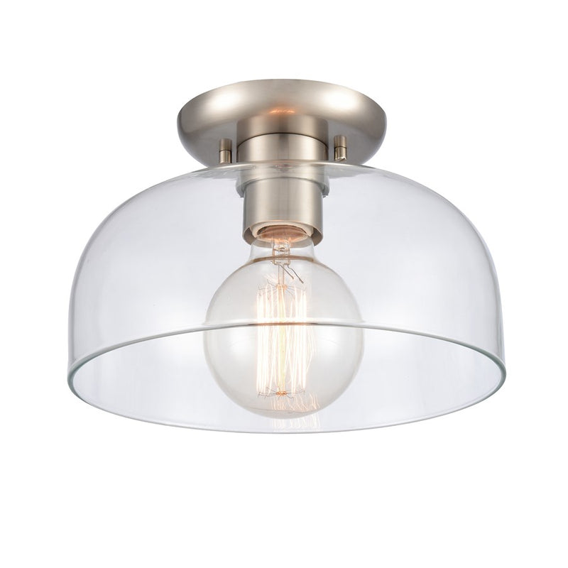 Atlas Lighting Brewer 10in 1-Light Semi Flush Mount | Transitional Brushed Nickel and Clear Glass | Kitchen & Bathroom Ceiling | Model CL11864-NK