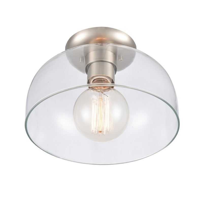 Atlas Lighting Brewer 10in 1-Light Semi Flush Mount | Transitional Brushed Nickel and Clear Glass | Kitchen & Bathroom Ceiling | Model CL11864-NK