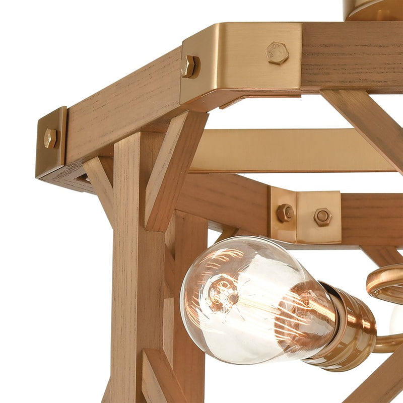 Atlas Lighting Structure 18in 3-Light Semi-Flush | Traditional Satin Brass and Medium Oak Wood | Kitchen & Dining Room Ceiling | Model CL11915-BS