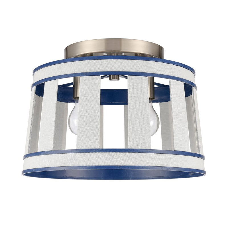Atlas Lighting White Burlap 14in 2-Light Semi Flush Mount | Coastal Ocean Blue and White Burlap Shade | Bedroom & Hallway | Model CL11923-WH