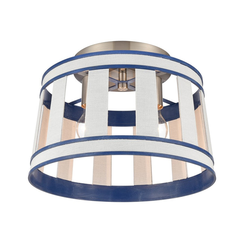 Atlas Lighting White Burlap 14in 2-Light Semi Flush Mount | Coastal Ocean Blue and White Burlap Shade | Bedroom & Hallway | Model CL11923-WH