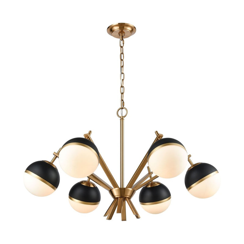Atlas Lighting Blind Tiger 32in 6-Light Chandelier | Art Deco Aged Brass and Black with White Frosted Glass | Dining Room & Living | Model CL11984-BS